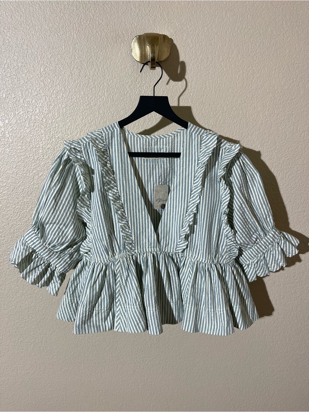 We The Free Green & White Striped Ruffle Peplum Blouse